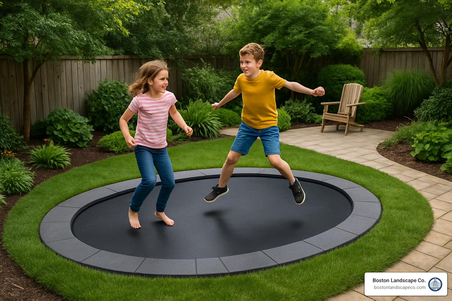 Oval in-ground trampoline installed in a small backyard with integrated landscaping - best in ground trampoline