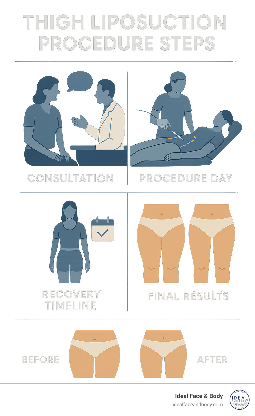 Thigh liposuction procedure steps showing consultation, procedure day, recovery timeline, and final results with before/after images - thigh liposuction beverly hills infographic 