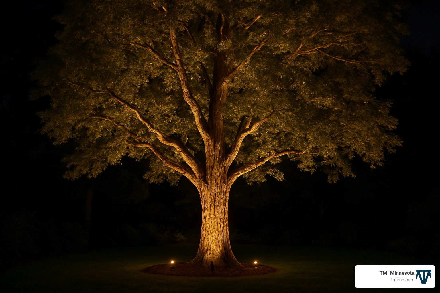 Tree illuminated with uplight fixtures showing trunk and canopy - Garden lighting installation