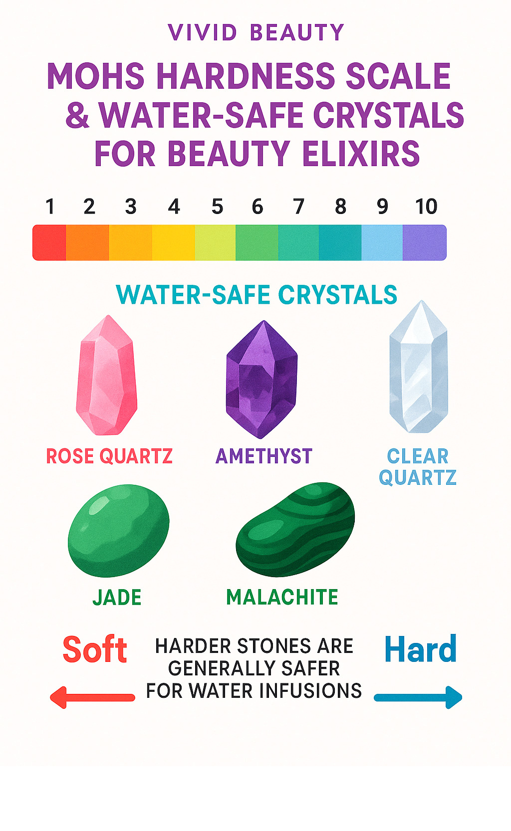 Mohs hardness scale and water-safe crystals for beauty elixirs - Crystal-infused beauty infographic 