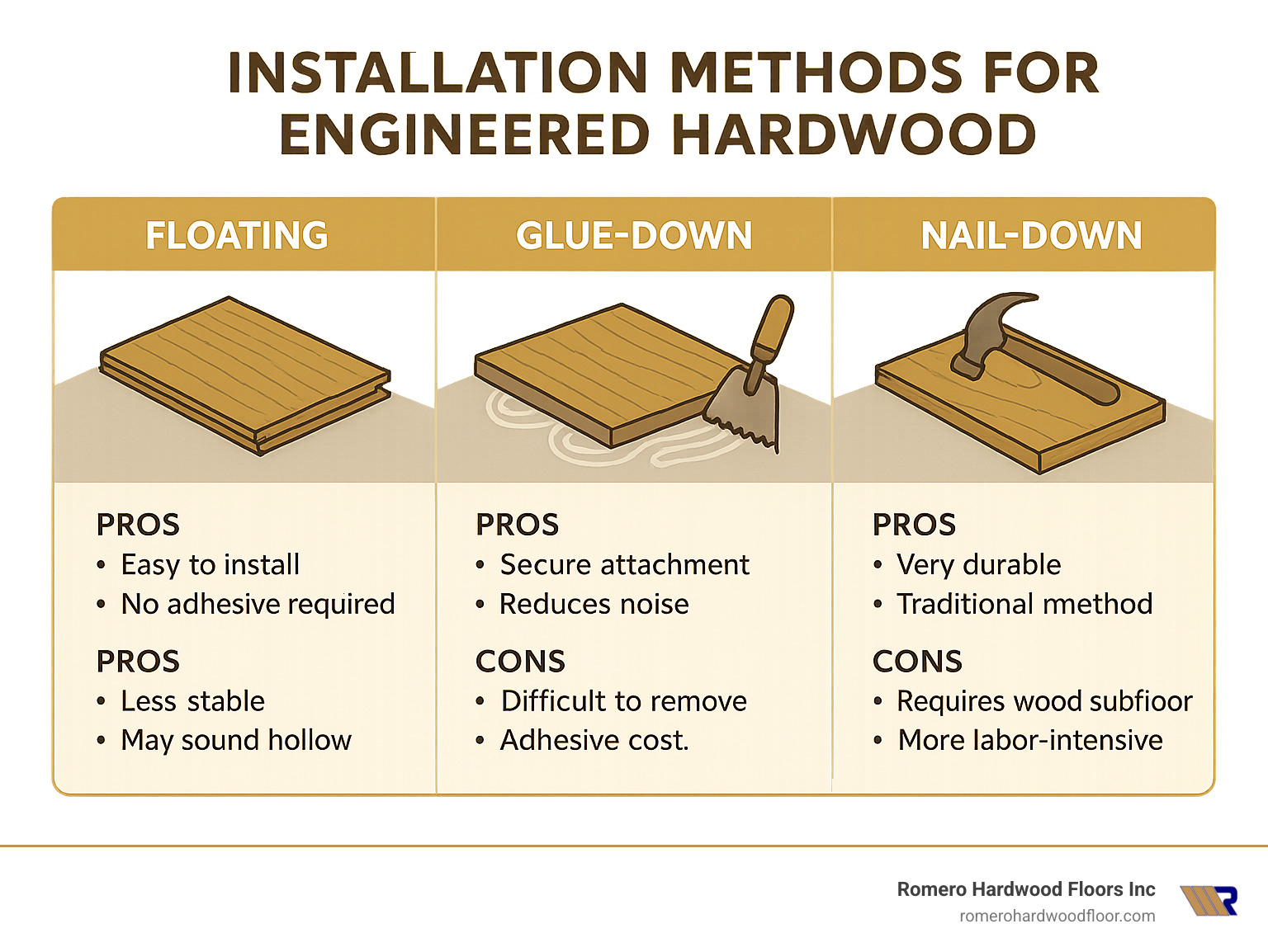 Installation methods for engineered hardwood showing floating, glue-down, and nail-down approaches with pros and cons of each method - engineered hardwood over concrete infographic