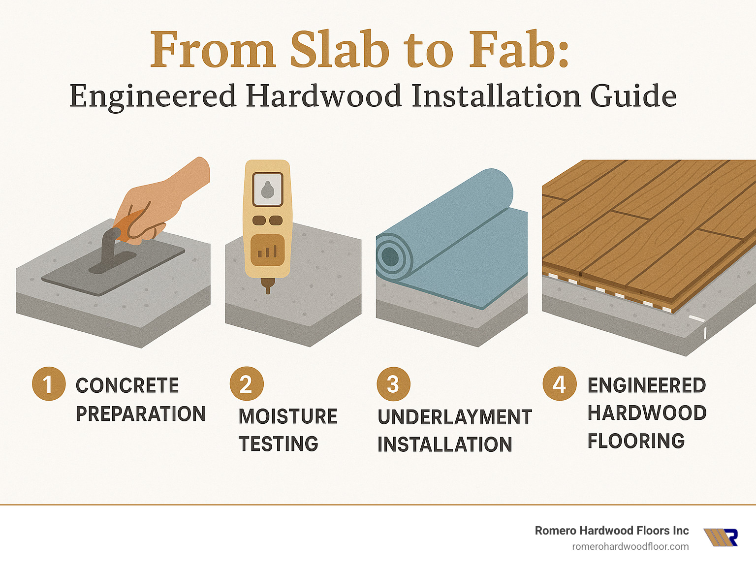 Step-by-step process showing concrete preparation, moisture testing, underlayment installation, and engineered hardwood flooring installation methods over concrete with expansion gaps highlighted - engineered hardwood over concrete infographic