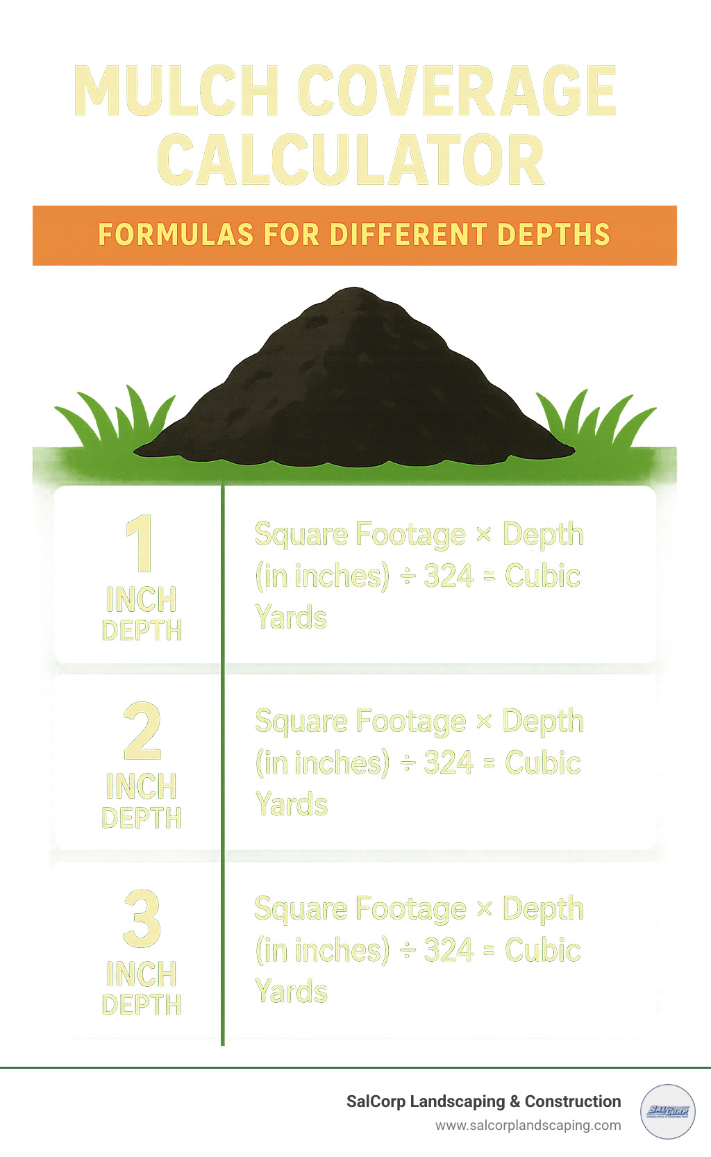 mulch coverage calculator showing formulas for different depths - black mulch delivery infographic 