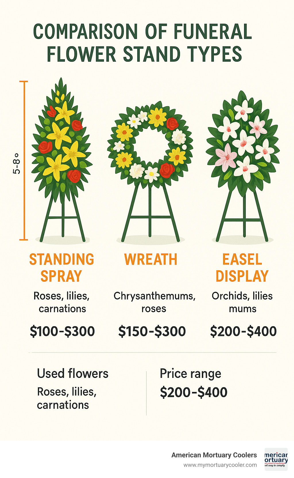 Comparison of funeral flower stand types showing standing sprays, wreaths, and easel displays with height specifications, flower varieties, and price ranges - funeral flower stands infographic 