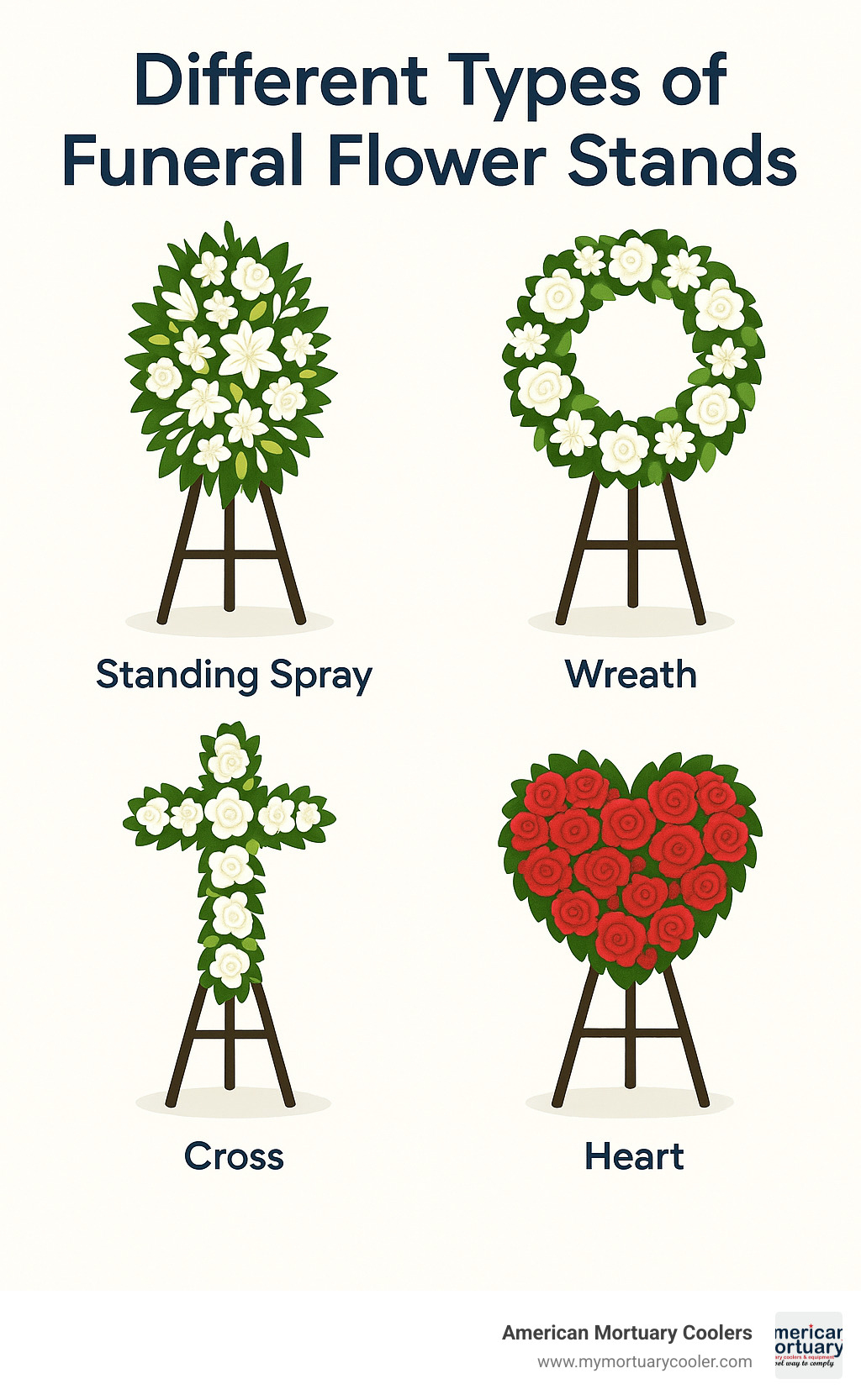 Different types of funeral flower stands showing various styles and designs - funeral flower stands infographic 