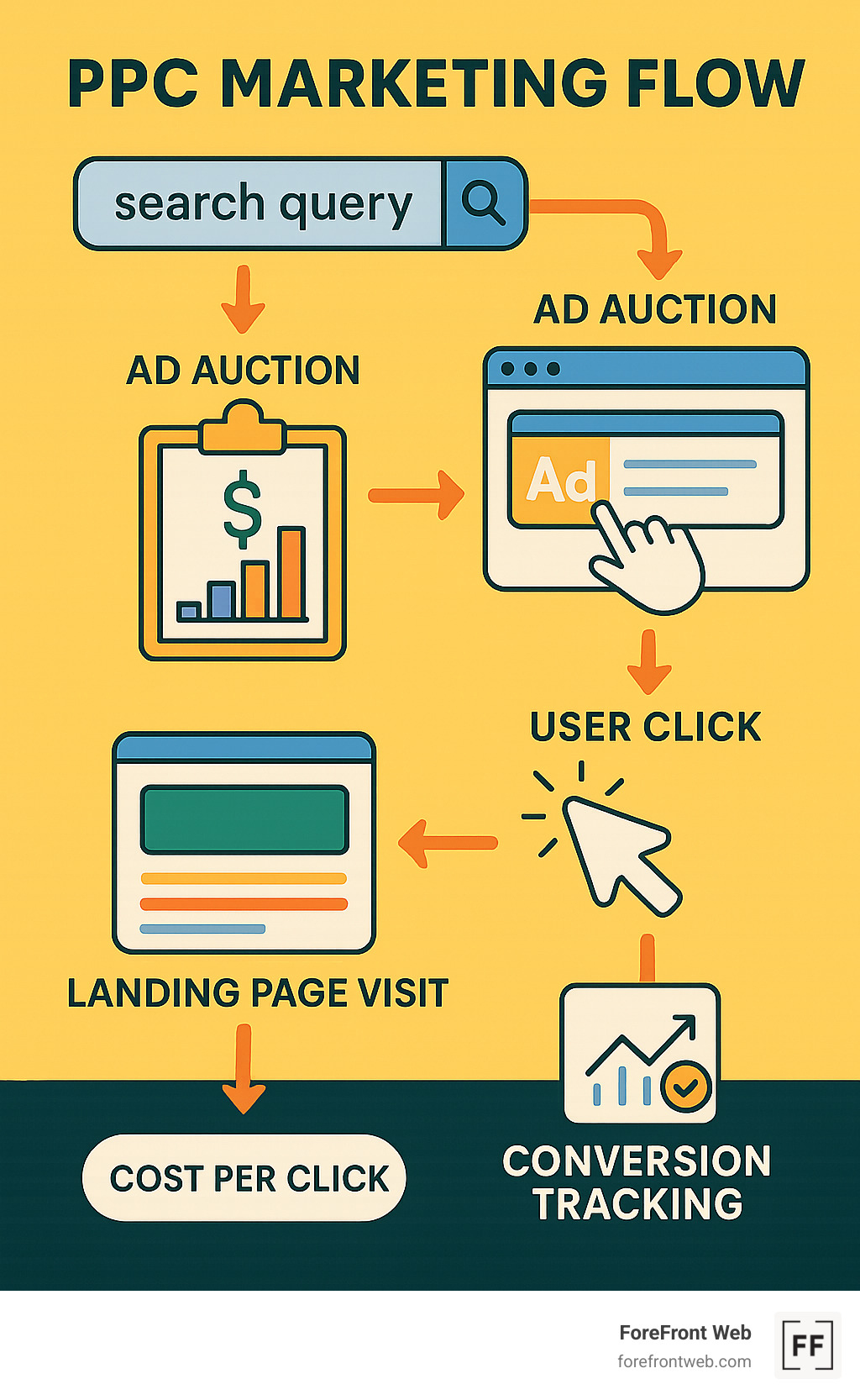 PPC marketing flow showing search query leading to ad auction, then ad display, user click, landing page visit, and finally conversion tracking with cost per click payment model - google ppc marketing infographic 