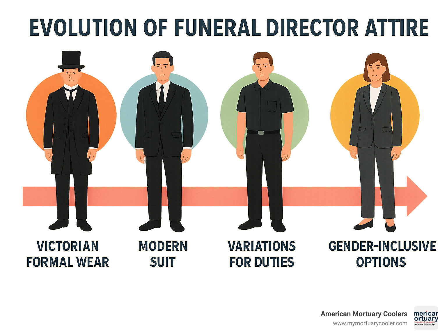 Timeline showing the evolution of funeral director attire from Victorian formal wear with top hats to modern suits with variations for different duties, climate considerations, and gender-inclusive options - funeral director clothing apparel infographic 