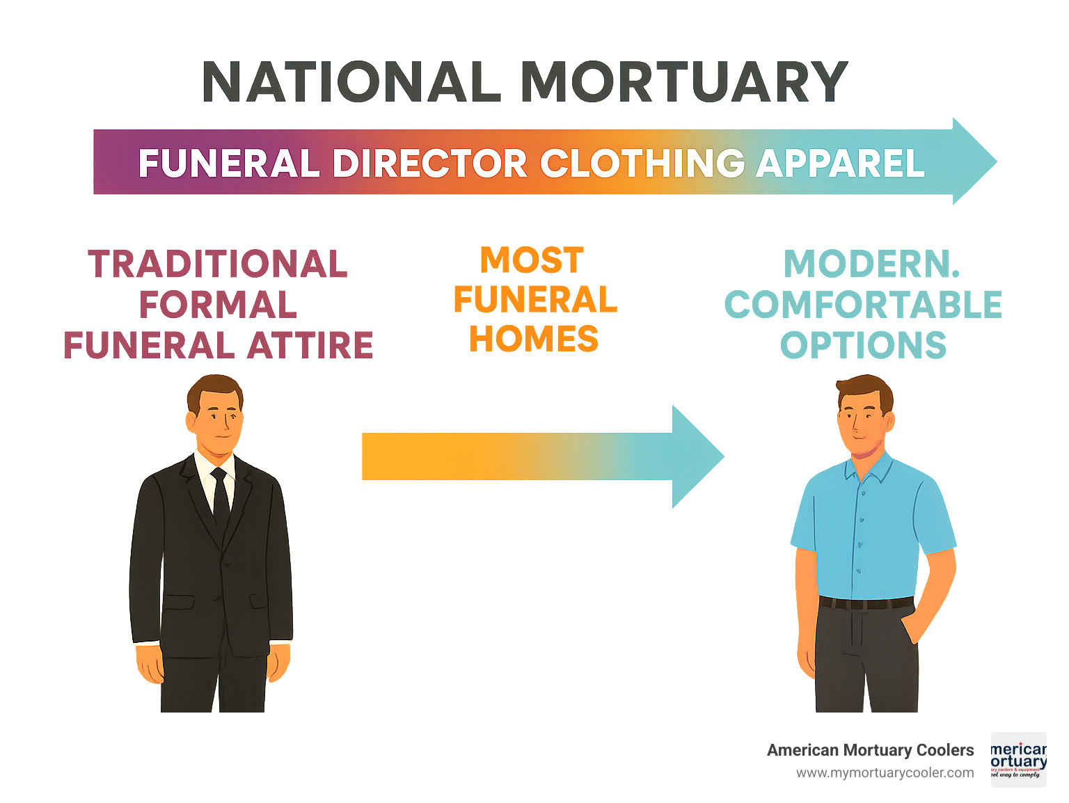 Spectrum showing traditional formal funeral attire on one end and modern, comfortable options on the other, with most funeral homes positioned somewhere in the middle - funeral director clothing apparel infographic 
