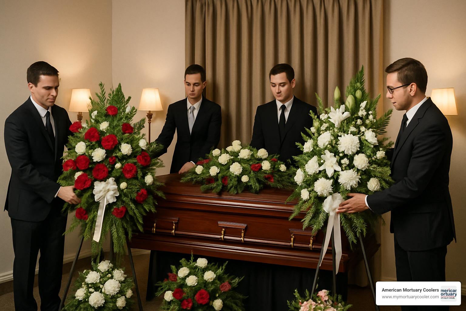 Funeral directors arranging flower stands at memorial service - funeral flower stands