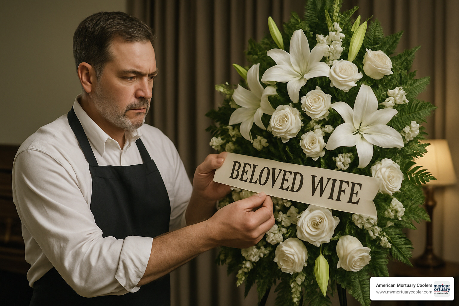 florist attaching banner to funeral flower stand - funeral flower stands