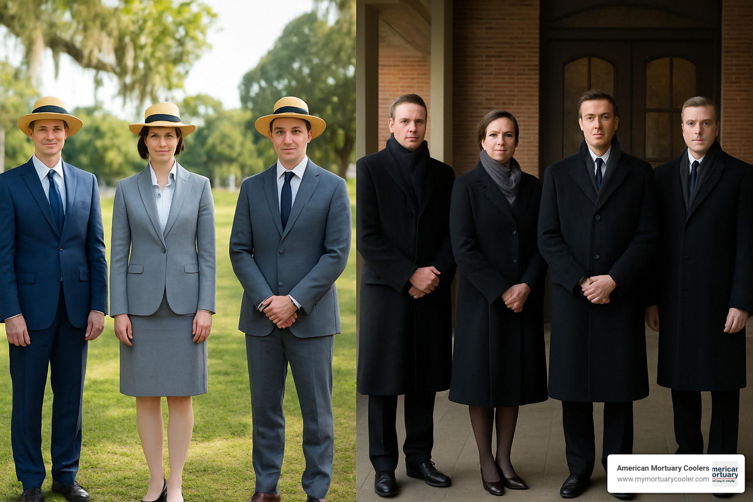 Funeral directors wearing climate-appropriate professional attire - funeral director clothing apparel