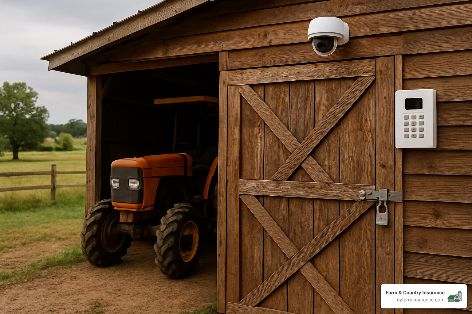 locked tractor shed with security system - hobby farm insurance