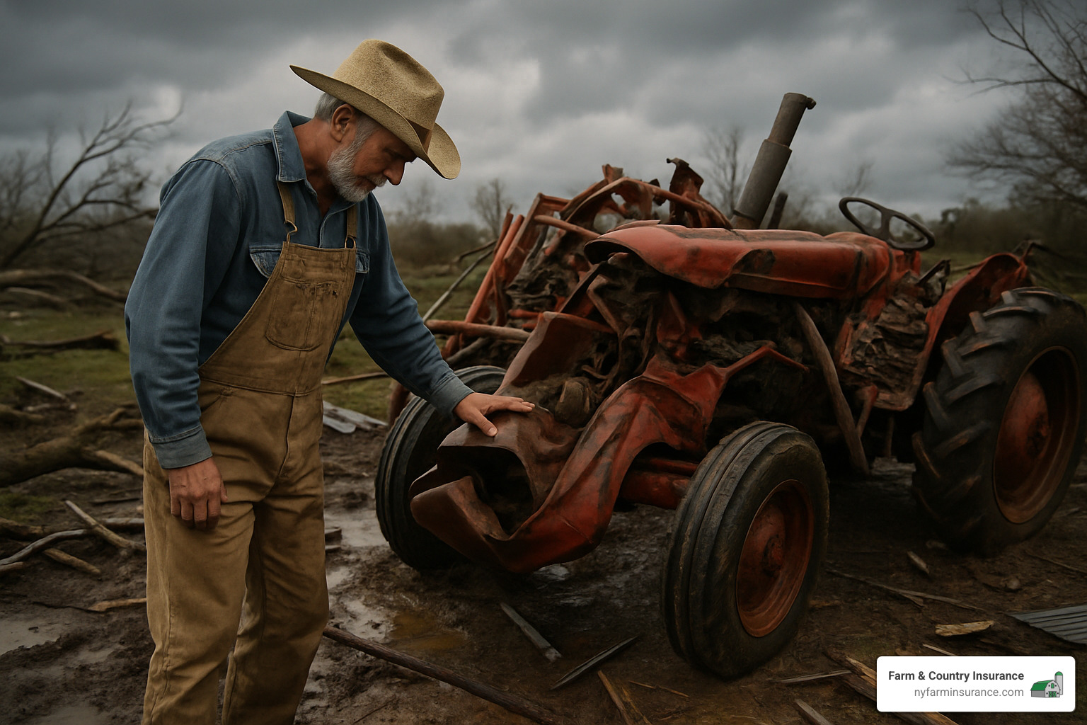 farmer inspecting damaged equipment after storm - hobby farm insurance