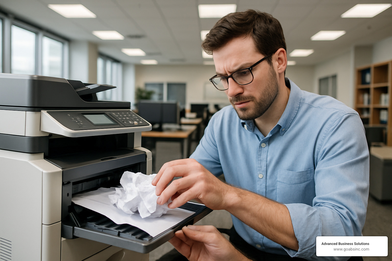 person removing paper jam from office printer - printer repair near me