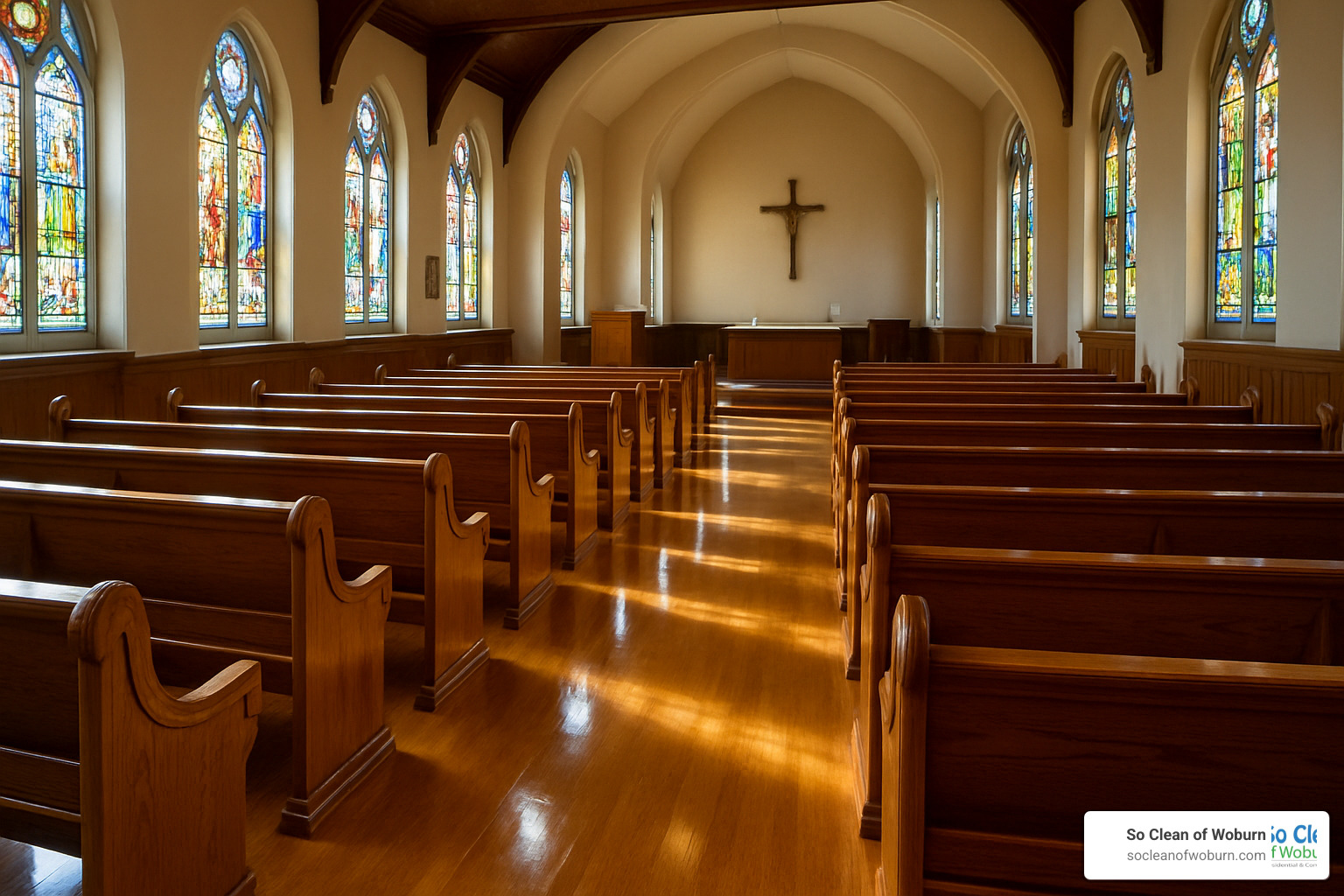 Interior of a church with gleaming pews and spotless floors after professional cleaning - church cleaning services prices