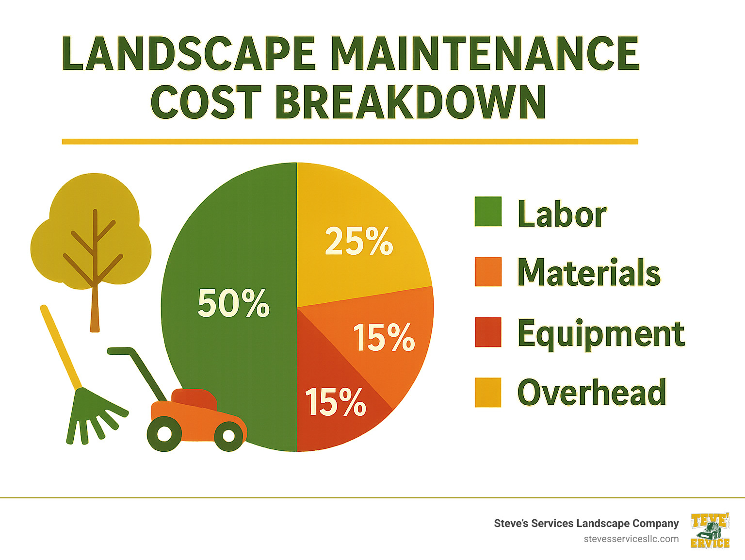 Landscape maintenance cost breakdown showing percentages for labor, materials, equipment, and overhead - landscape maintenance saugus ma infographic