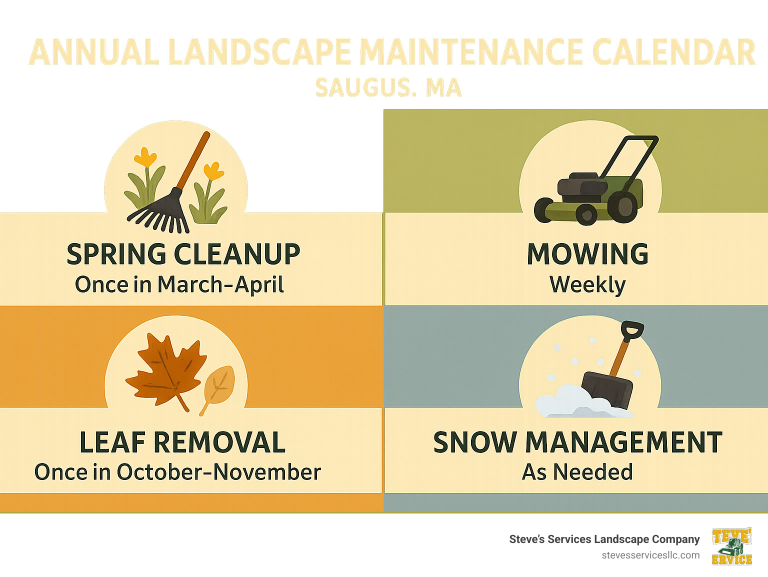 Annual landscape maintenance calendar for Saugus MA showing seasonal tasks including spring cleanup, summer mowing, fall leaf removal, and winter snow management with recommended service frequencies - landscape maintenance saugus ma infographic