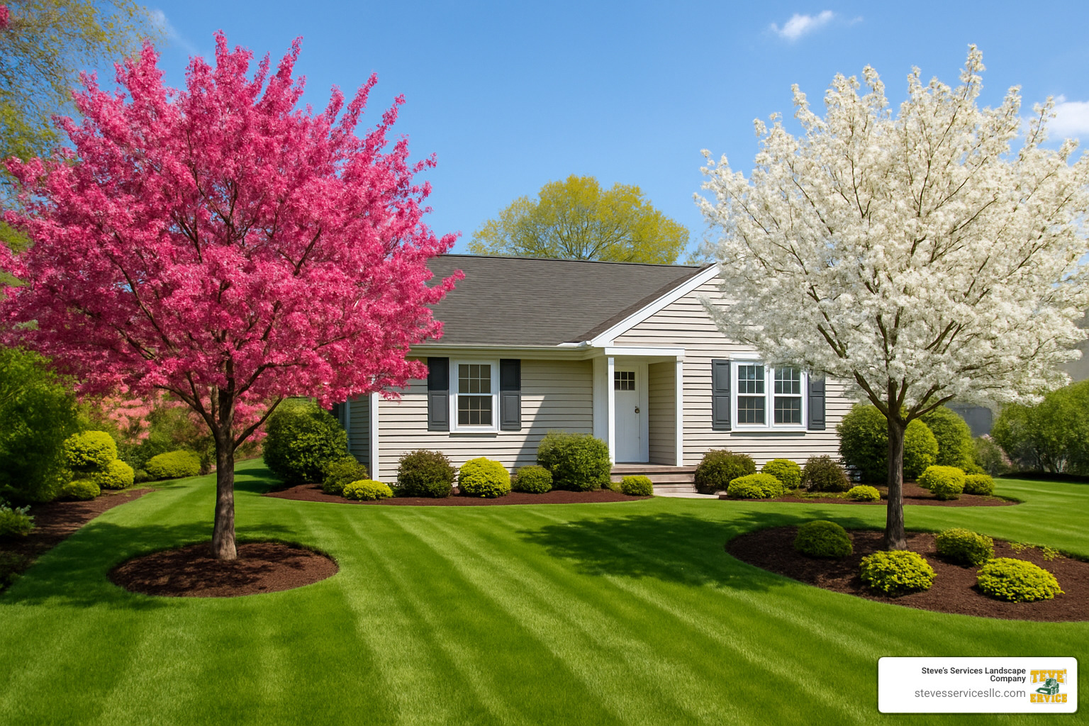 beautifully maintained Saugus landscape with flowering trees and manicured lawn - landscape maintenance saugus ma
