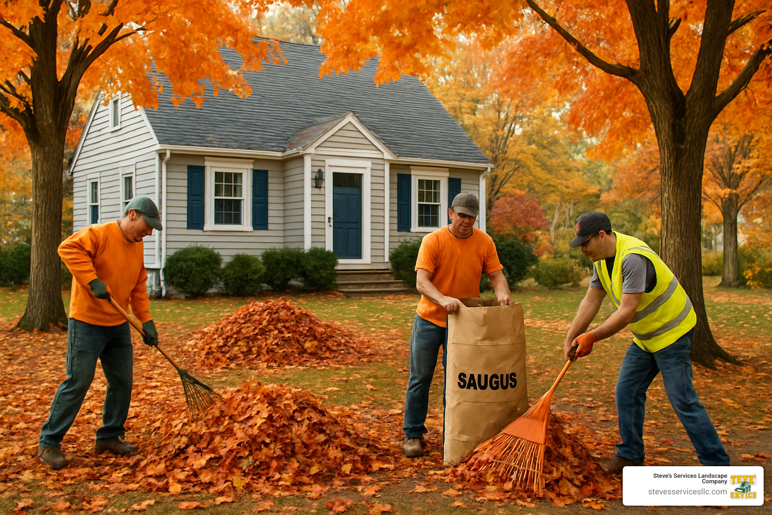 fall leaf cleanup in progress at a Saugus residential property - landscape maintenance saugus ma