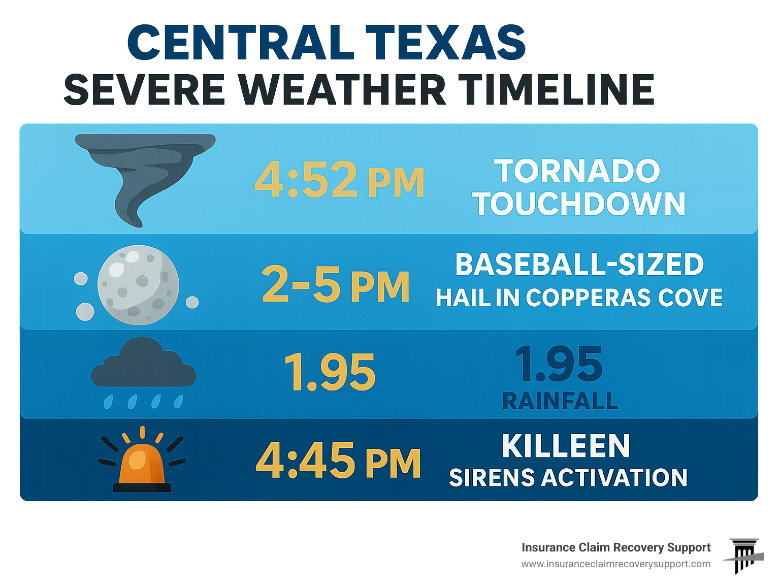 Central Texas severe-weather timeline infographic