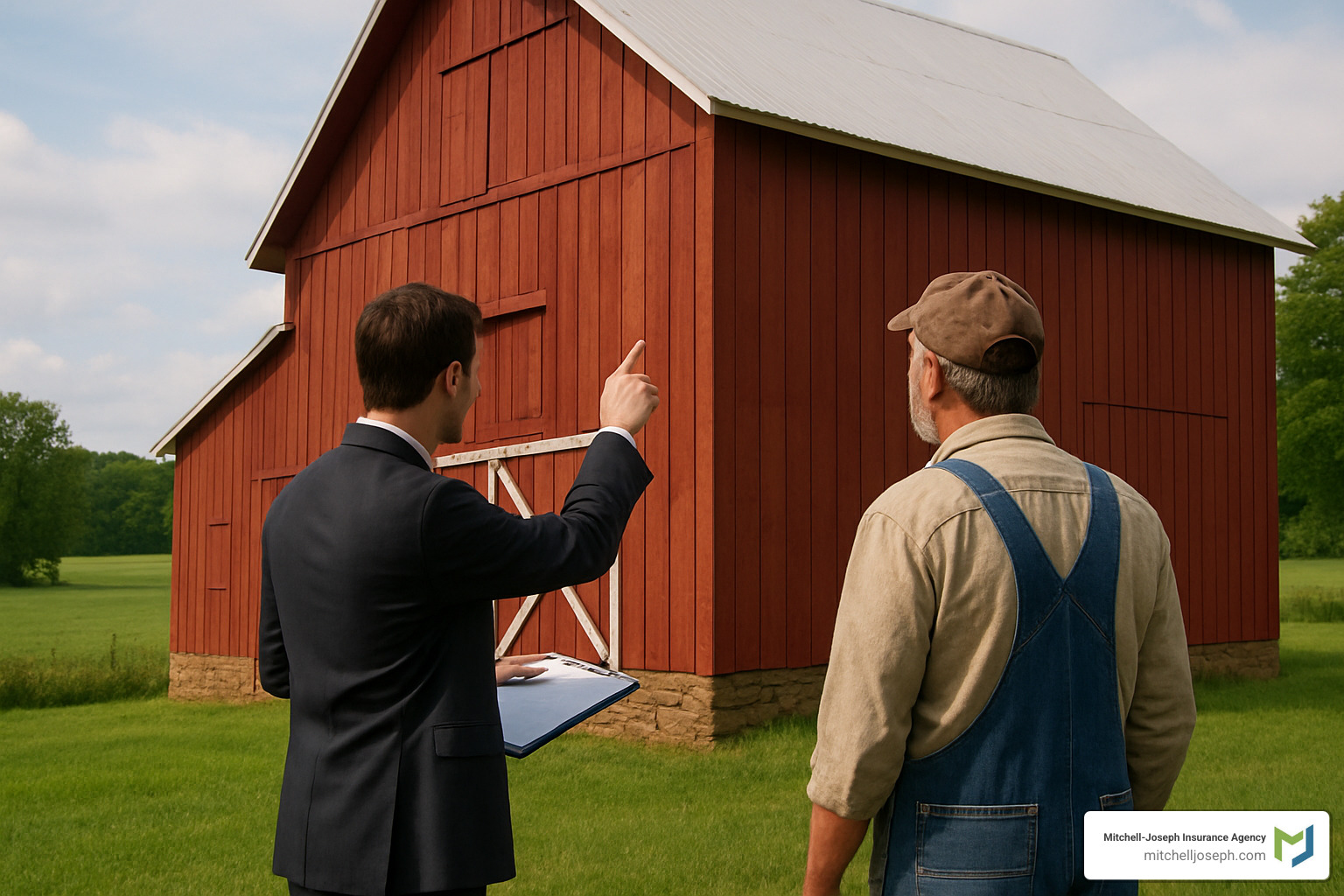 Insurance agent inspecting barn with farmer - Commercial farm insurance NY