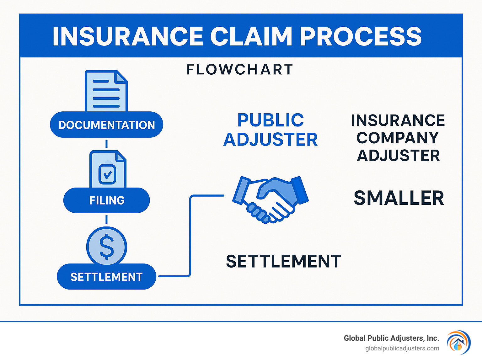 Insurance claim process flowchart showing documentation, filing, negotiation, and settlement stages with public adjuster vs insurance company adjuster outcomes - public adjuster orlando infographic 