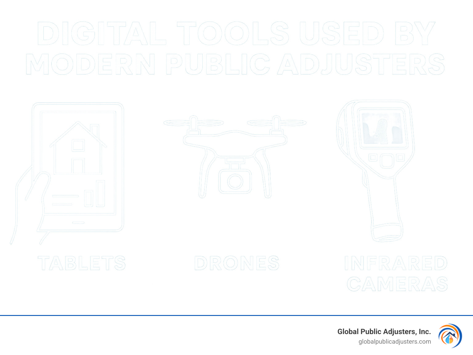 Digital tools used by modern public adjusters including tablets, drones, and infrared cameras - public adjuster orlando infographic 