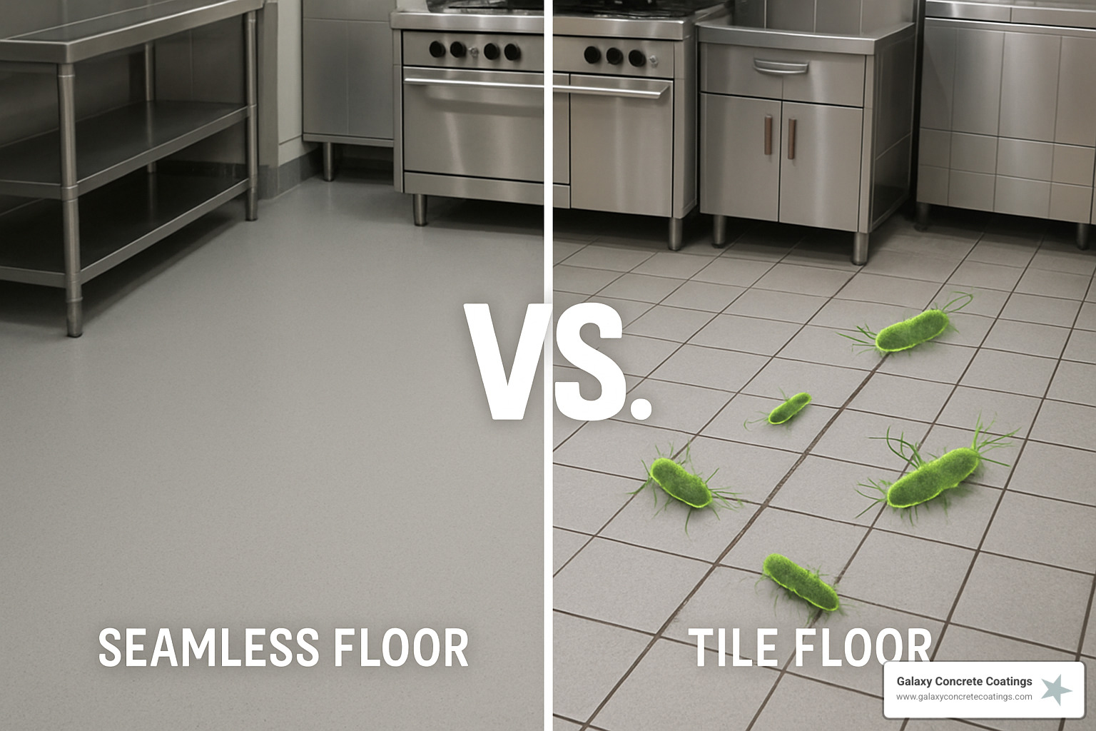 Comparison of seamless floor coating versus tile with grout lines showing bacteria growth - commercial kitchen floor coatings Comparison of seamless floor coating versus tile with grout lines showing bacteria growth - commercial kitchen floor coatings