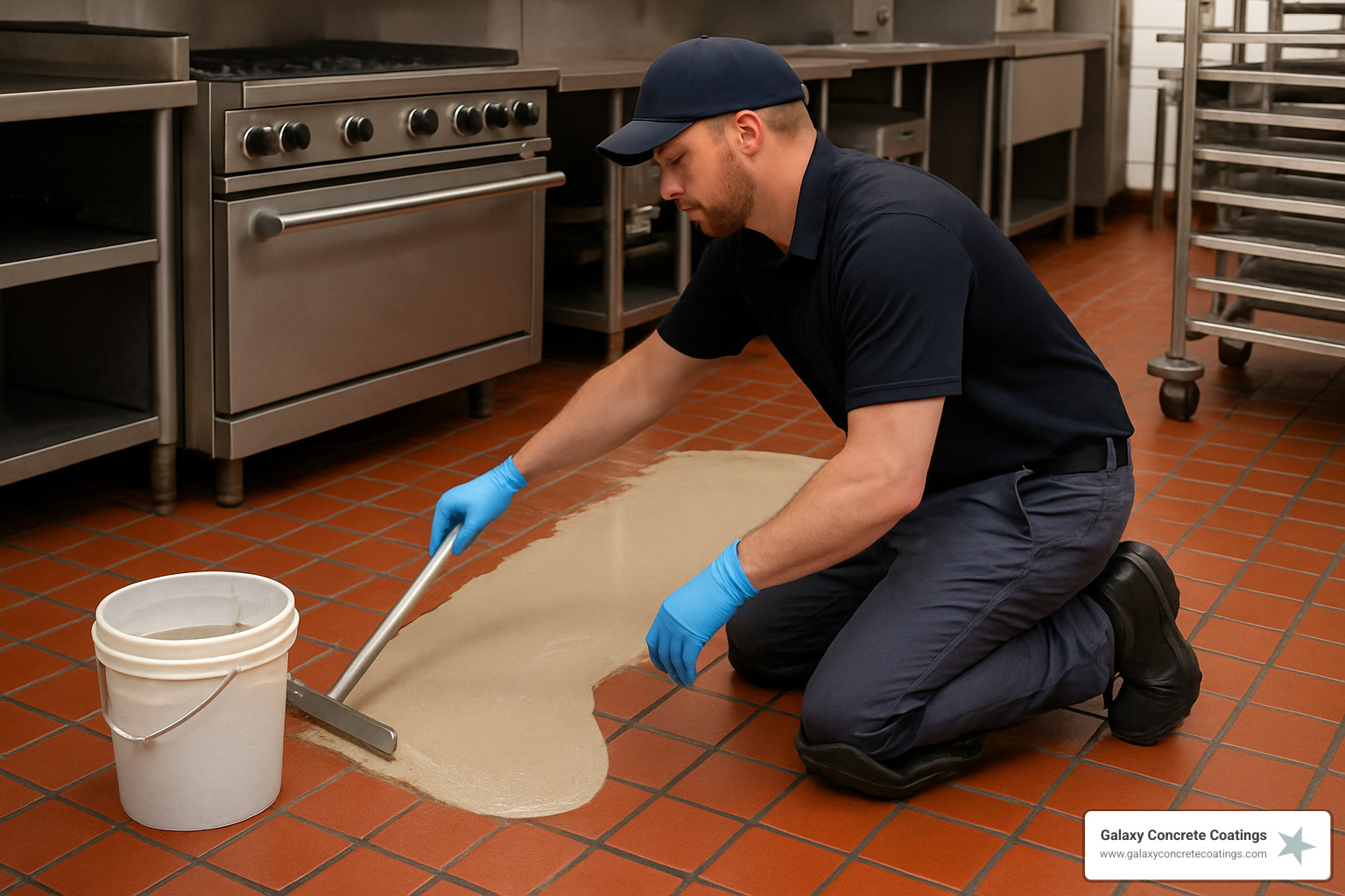 Polyaspartic coating being applied over existing quarry tile in a commercial kitchen - commercial kitchen floor coatings Polyaspartic coating being applied over existing quarry tile in a commercial kitchen - commercial kitchen floor coatings