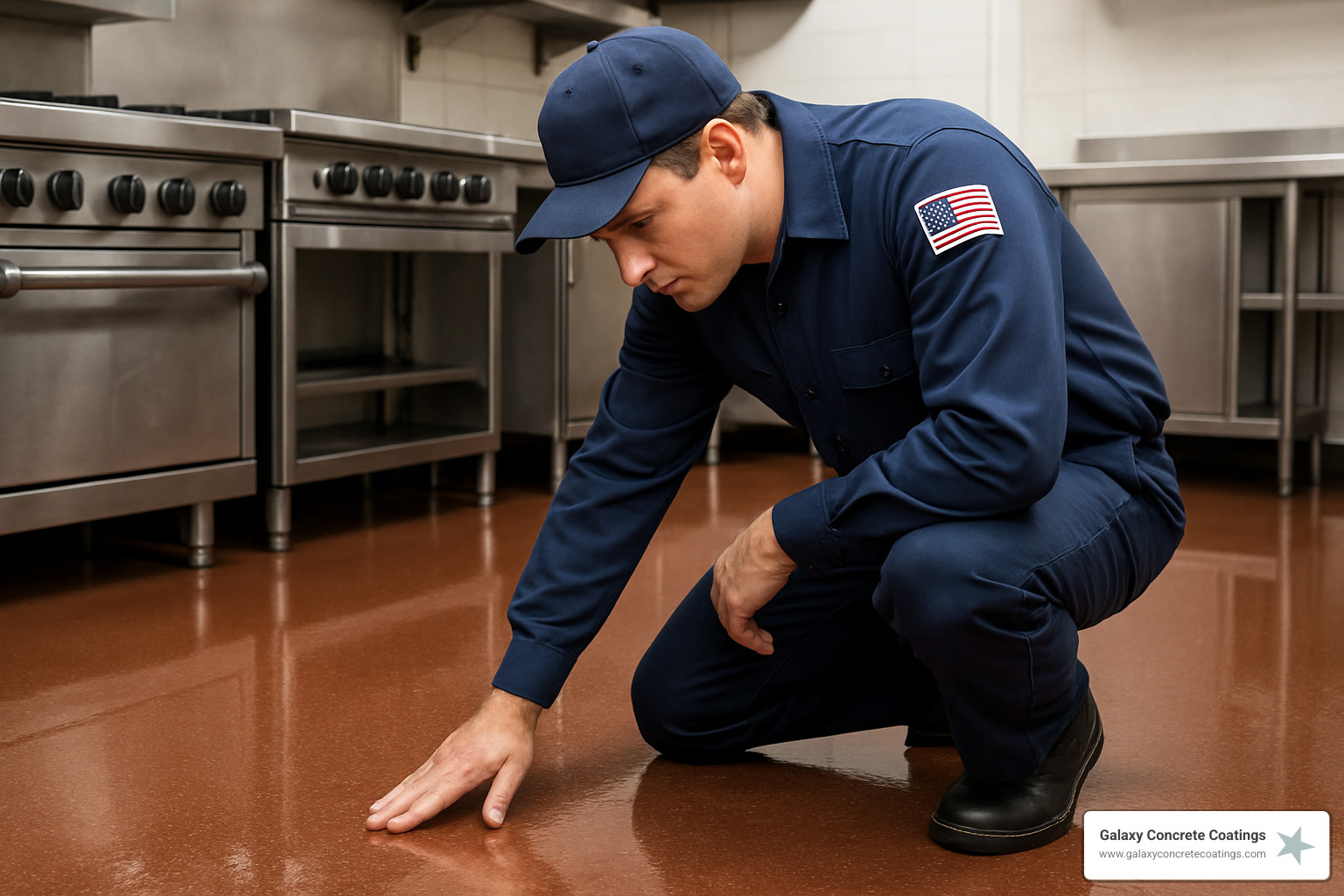Technician inspecting commercial kitchen floor coating for gloss level and wear - commercial kitchen floor coatings Technician inspecting commercial kitchen floor coating for gloss level and wear - commercial kitchen floor coatings