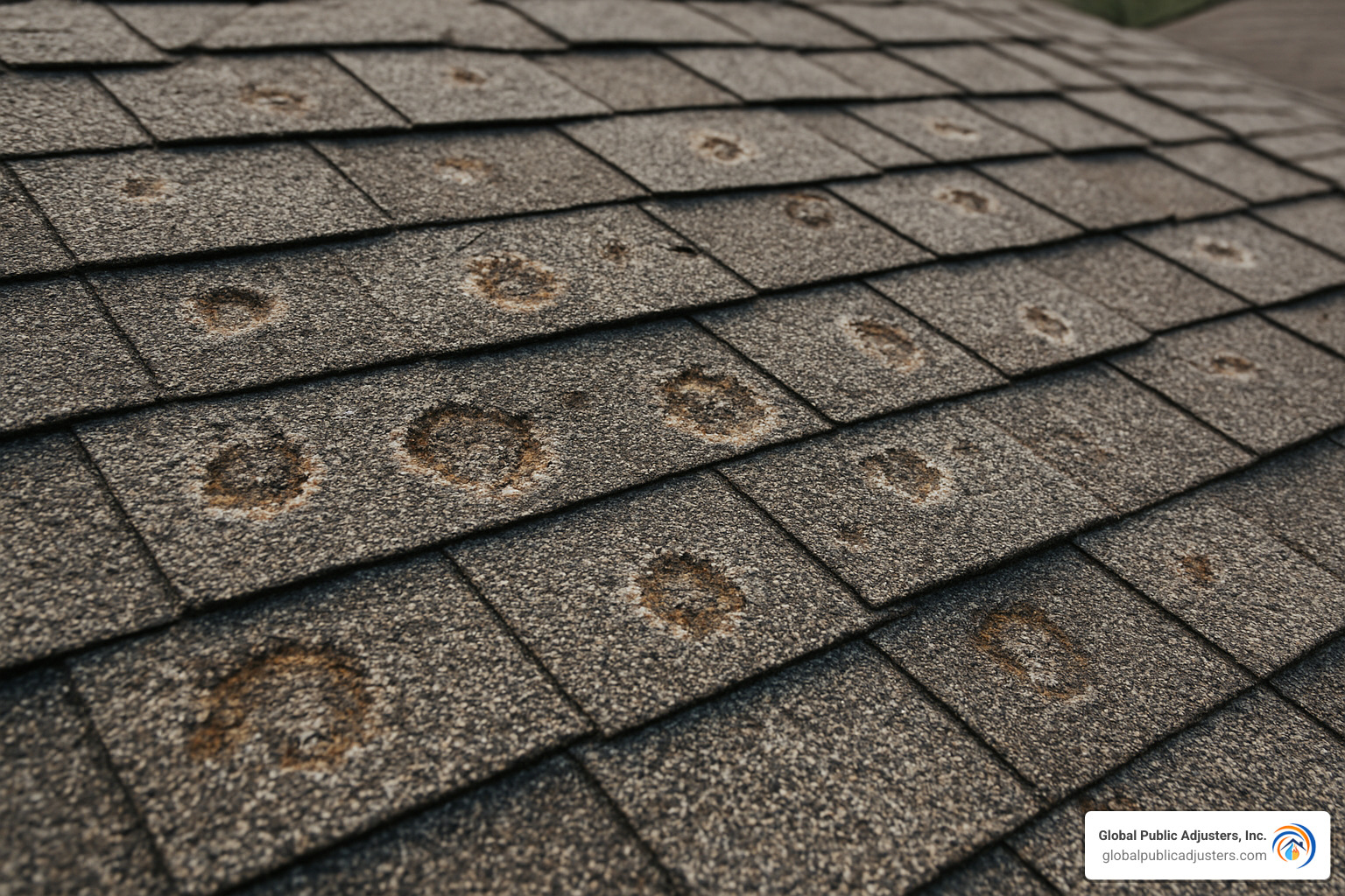 hail damaged shingles with visible pitting and granule loss - public adjuster orlando