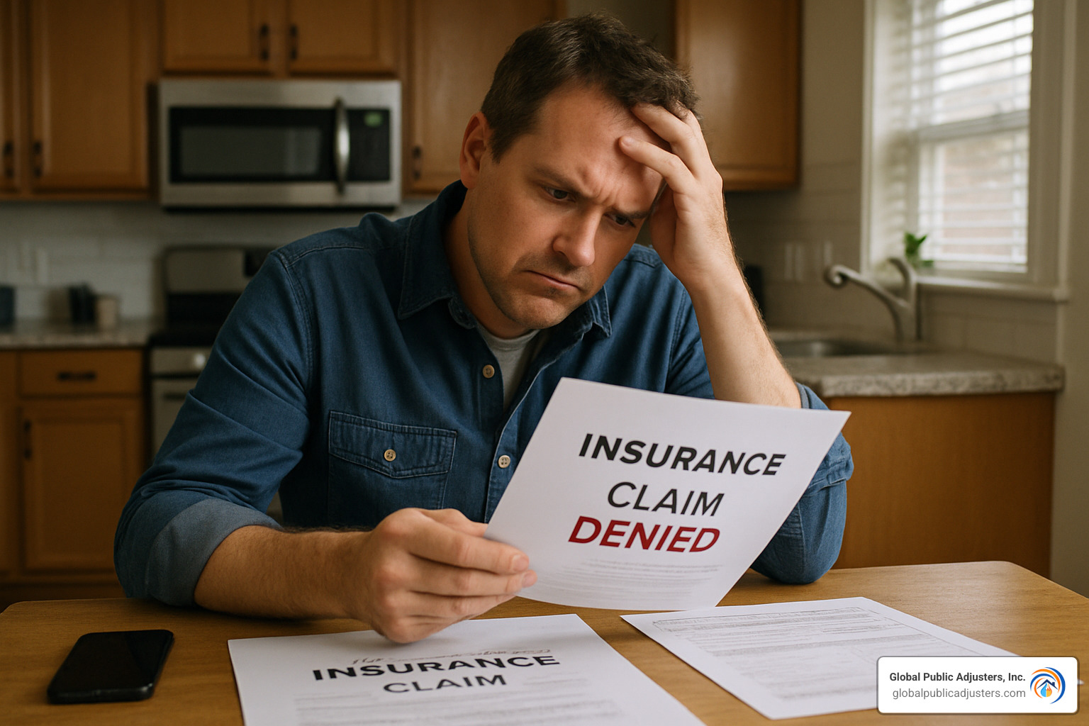 frustrated homeowner reviewing denied insurance claim paperwork - public adjuster orlando