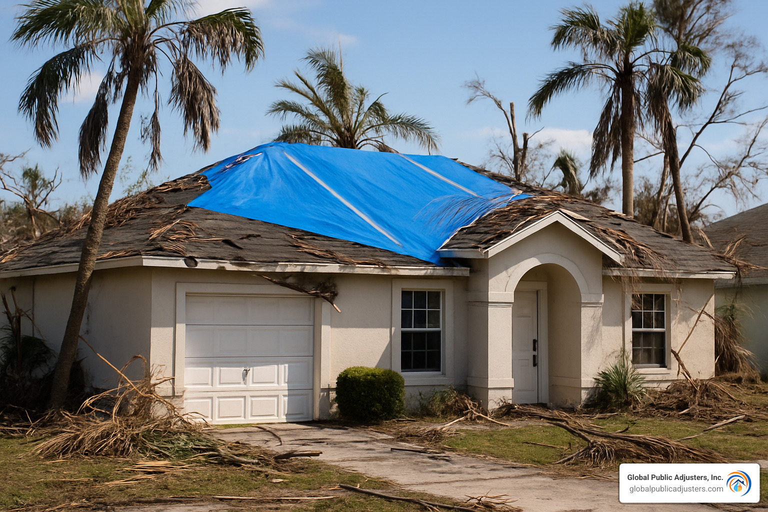 blue tarp covering damaged roof after hurricane - public adjuster orlando