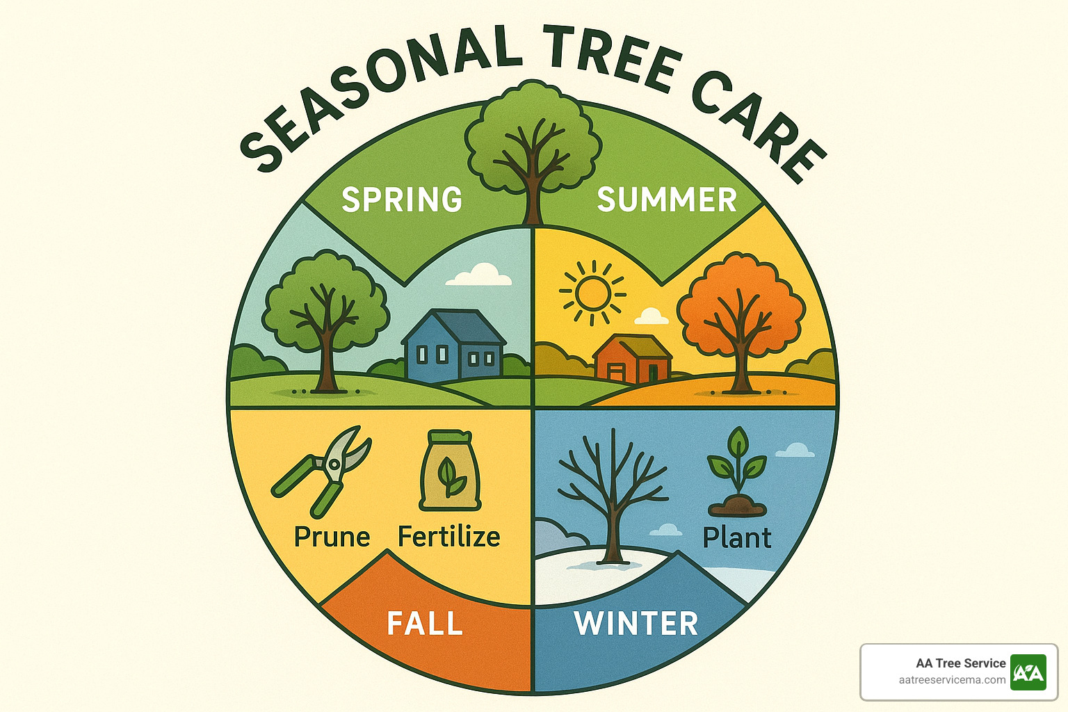 Seasonal tree care wheel showing appropriate maintenance tasks for each season - local tree care