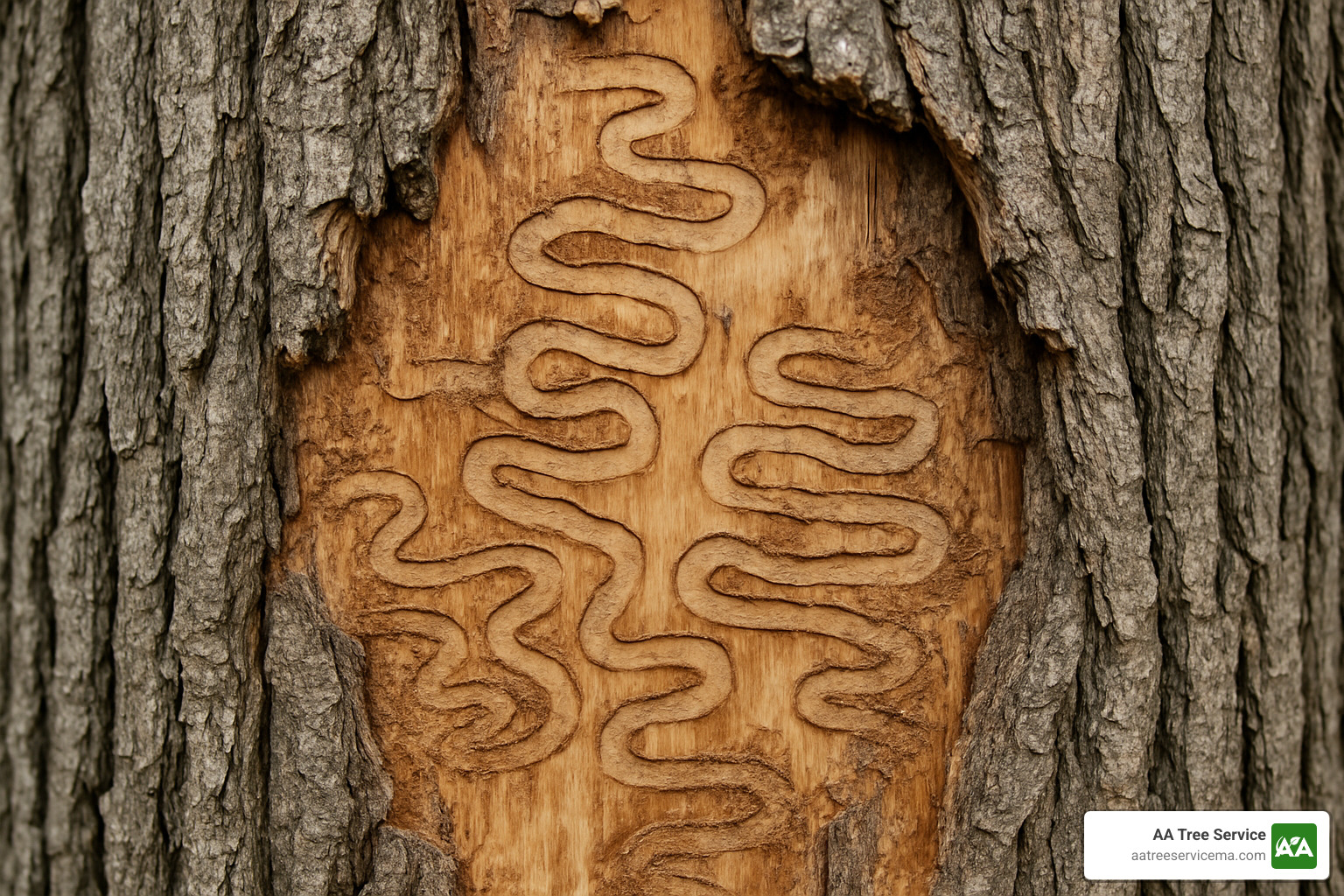 close-up of emerald ash borer damage on ash tree bark - local tree care