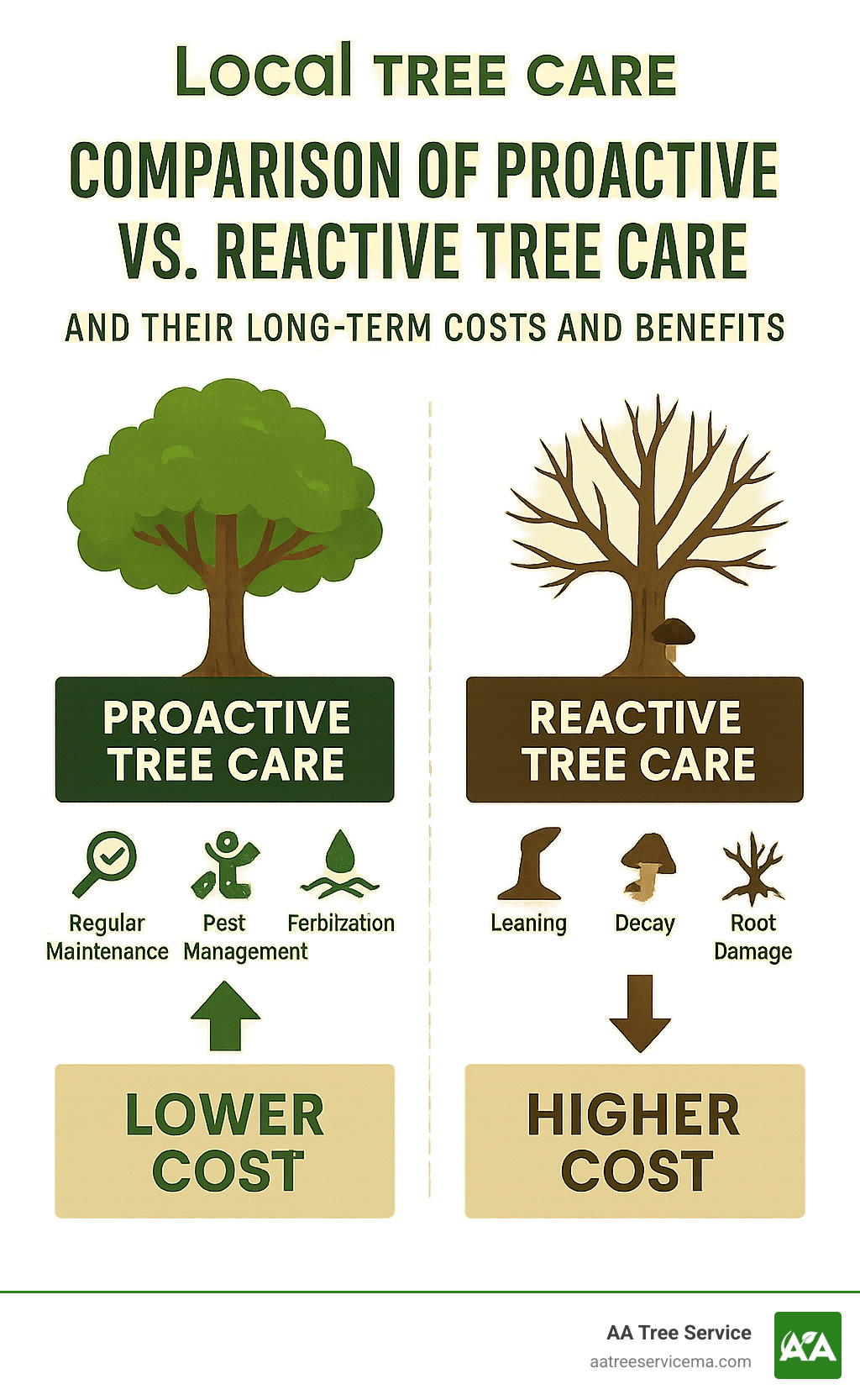 Comparison of proactive versus reactive tree care approaches and their long-term costs and benefits - local tree care infographic 