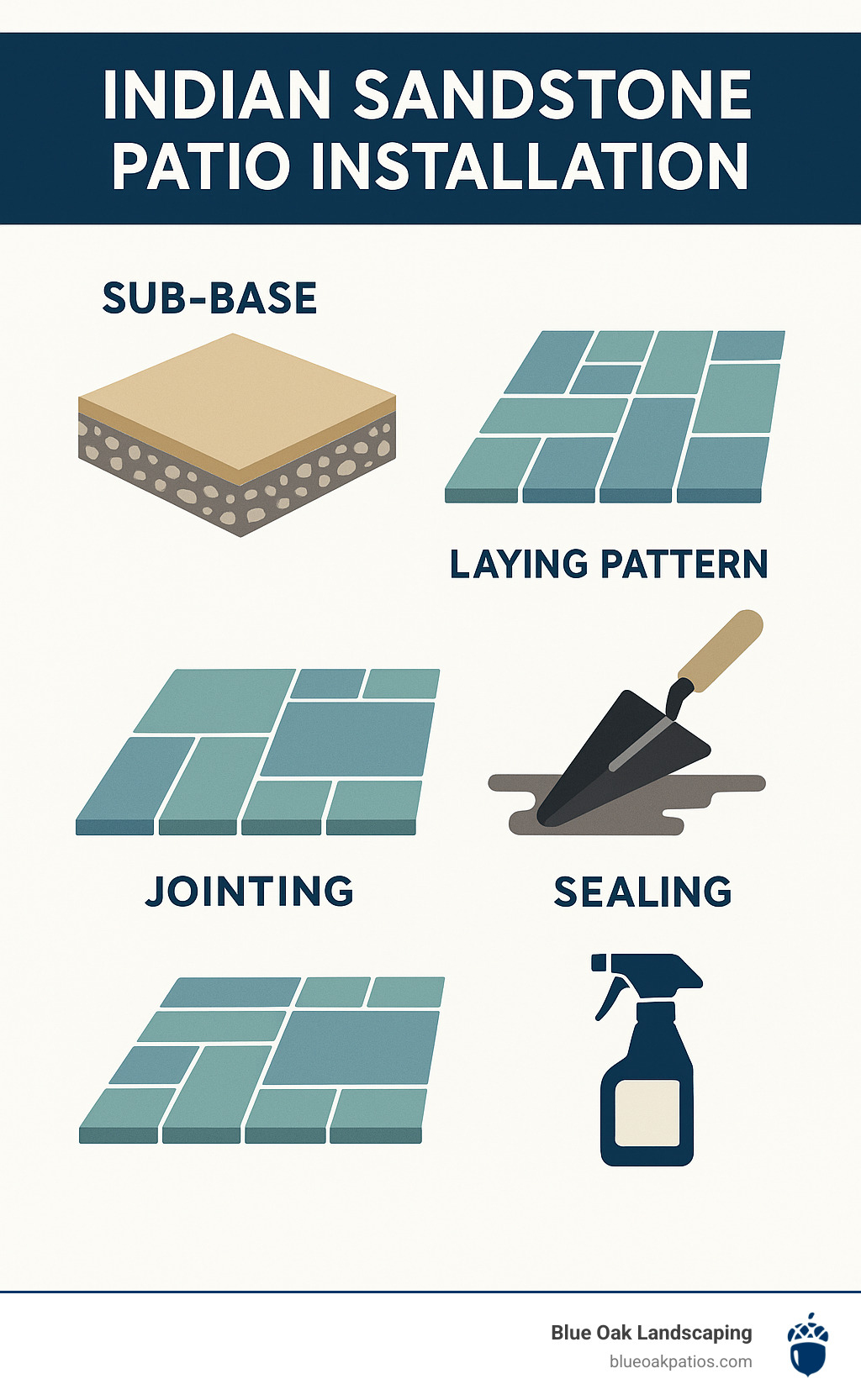Step-by-step illustration of Indian sandstone patio installation: sub-base, laying pattern, jointing, and sealing - indian sandstone packs infographic  Step-by-step illustration of Indian sandstone patio installation: sub-base, laying pattern, jointing, and sealing - indian sandstone packs infographic