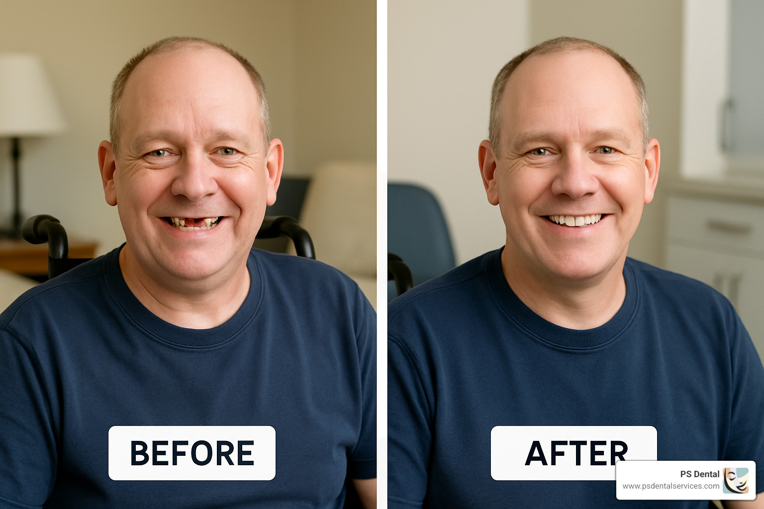 before and after photos of a disabled person with dental implants showing improved quality of life - free dental implants for disabled