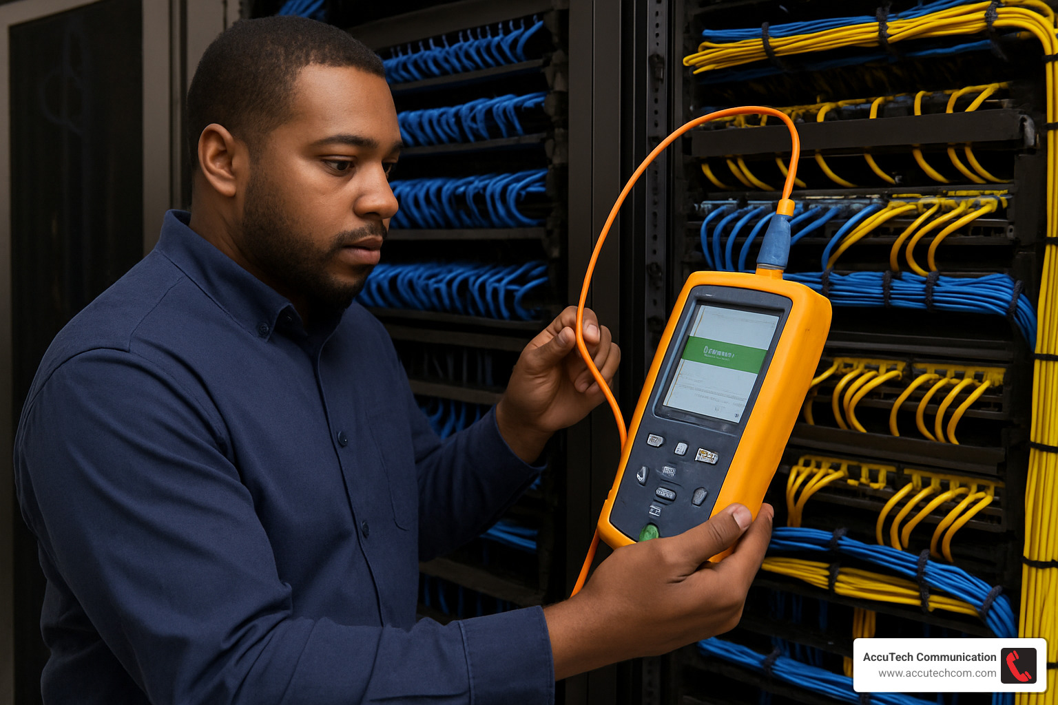 Technician using a Fluke cable analyzer to test and certify network cabling - structured cabling services near me