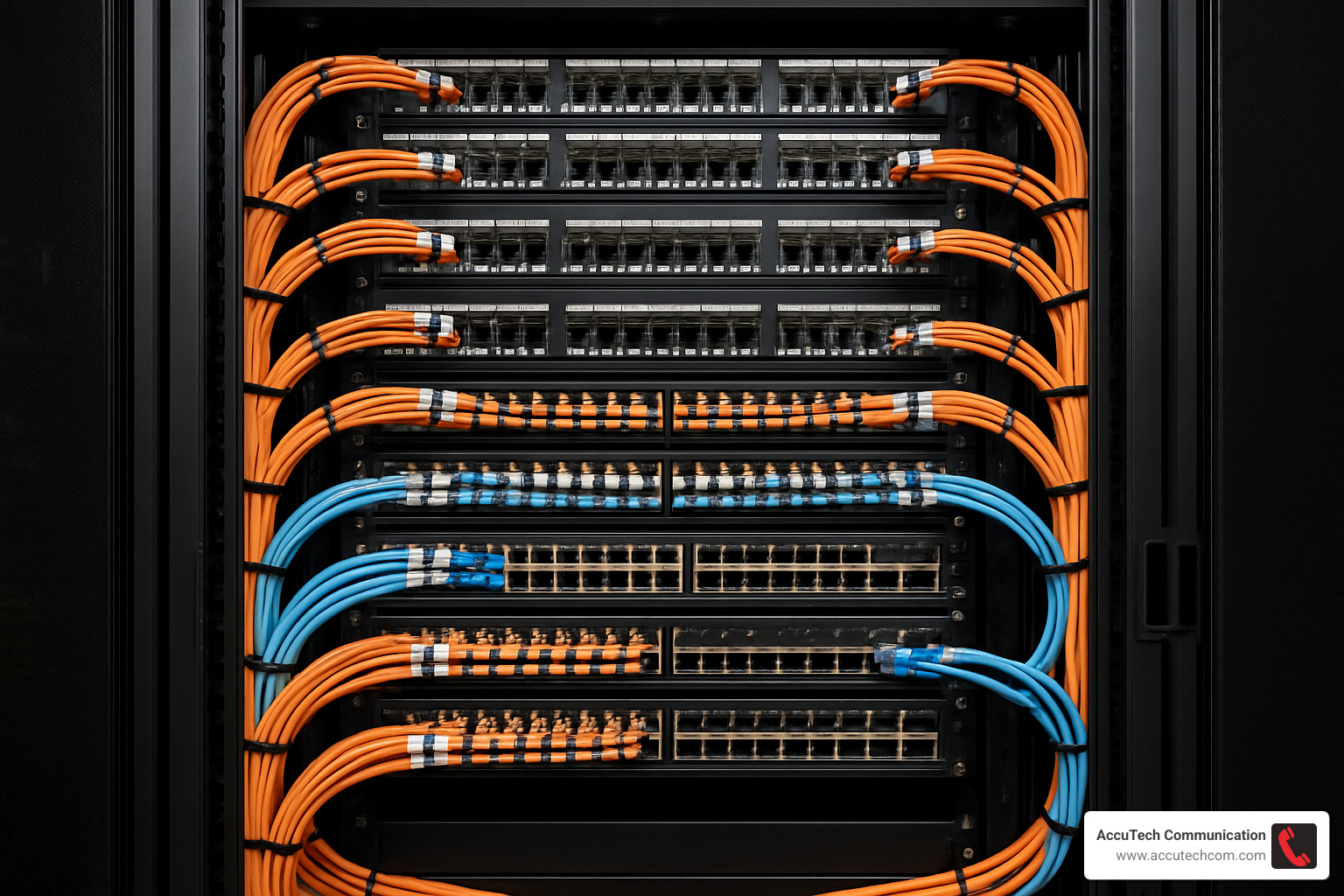 Organized data center rack with neatly bundled and labeled cables - structured cabling services near me