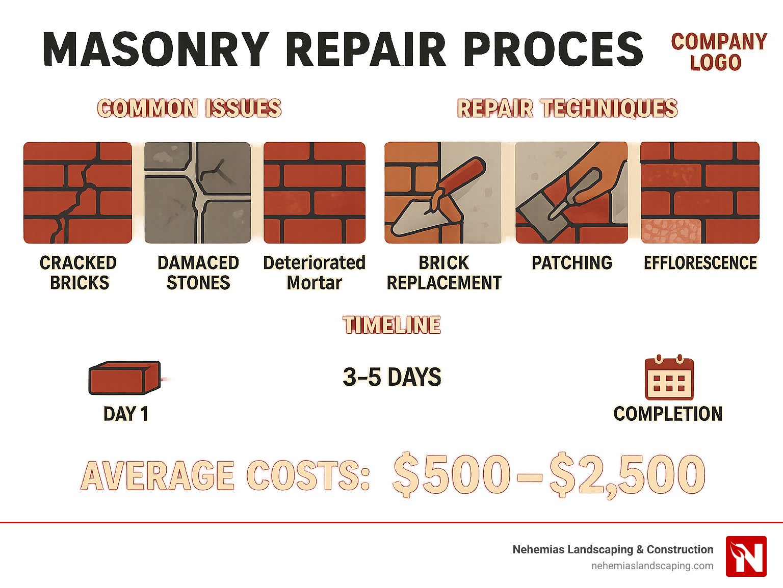 Masonry repair process showing common issues, repair techniques, and timeline for brick, stone and concrete repairs with average costs ranging from $500-$2,500 for most projects - mason repair near me infographic 