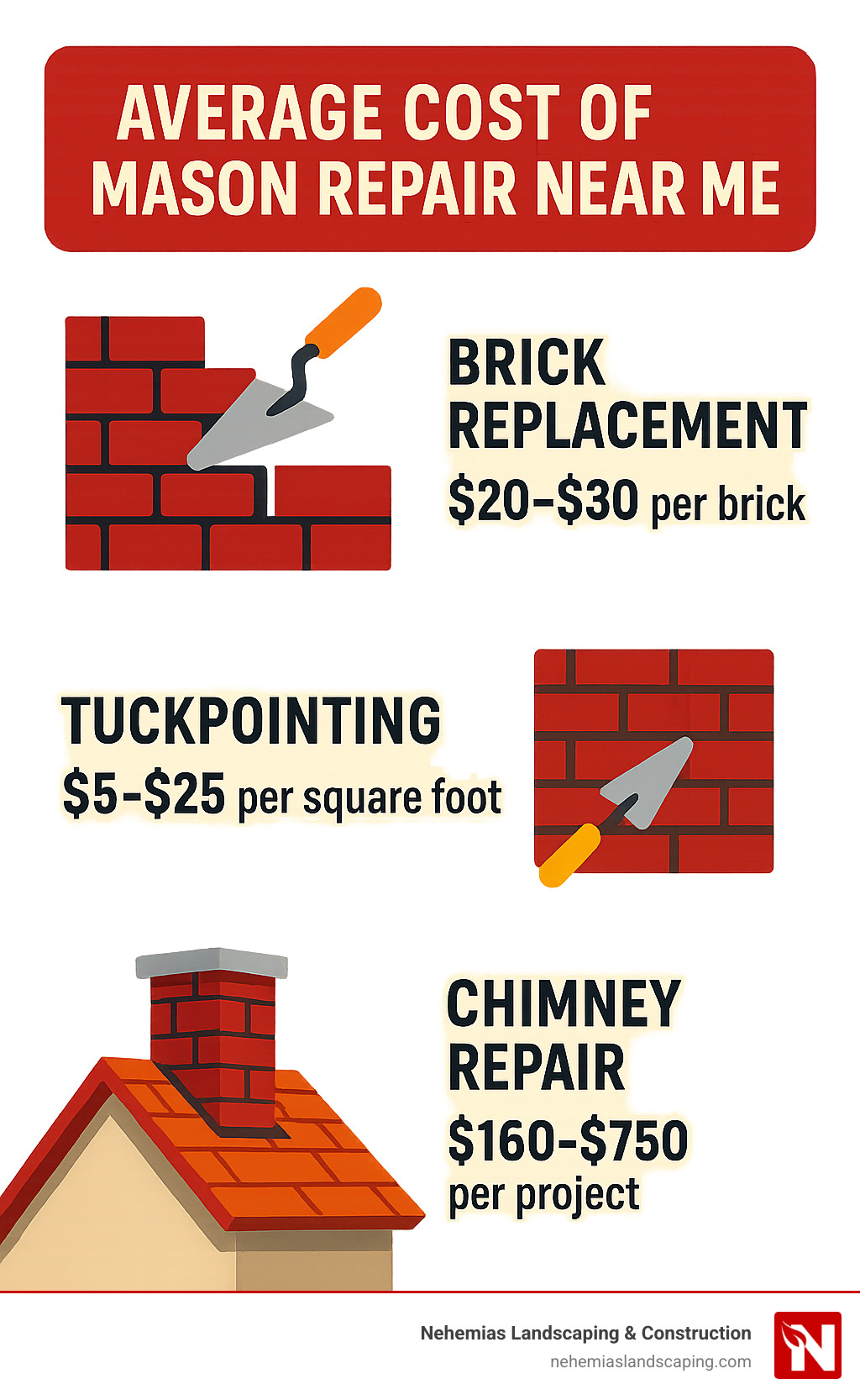 Average costs of common masonry repairs showing brick replacement at $20-$30 per brick, tuckpointing at $5-$25 per square foot, and chimney repair at $160-$750 per project - mason repair near me infographic 
