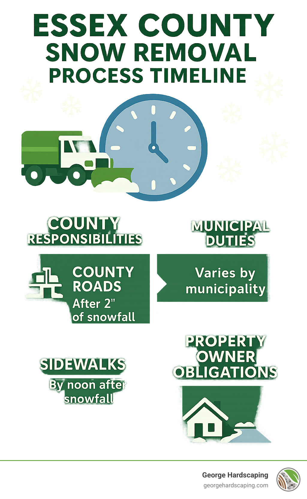 Essex County snow removal process timeline showing county responsibilities, municipal duties, and property owner obligations with typical response times after snowfall - Essex County snow removal infographic