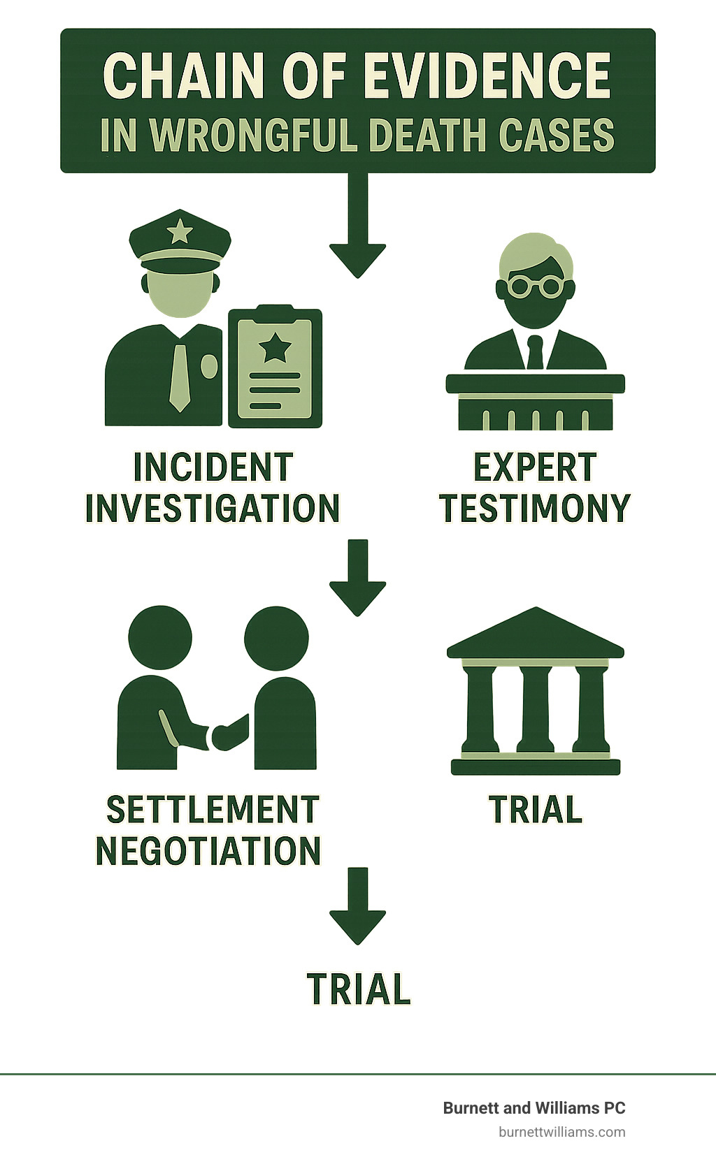 Chain of evidence in wrongful death cases from incident investigation through expert testimony to settlement negotiation or trial - Chesterfield wrongful death attorney infographic 