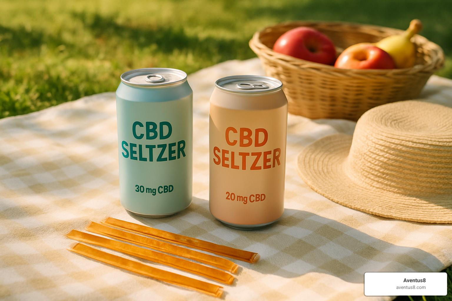 CBD seltzer and honey sticks on a picnic blanket, perfect for summer wellness - Best CBD edibles online