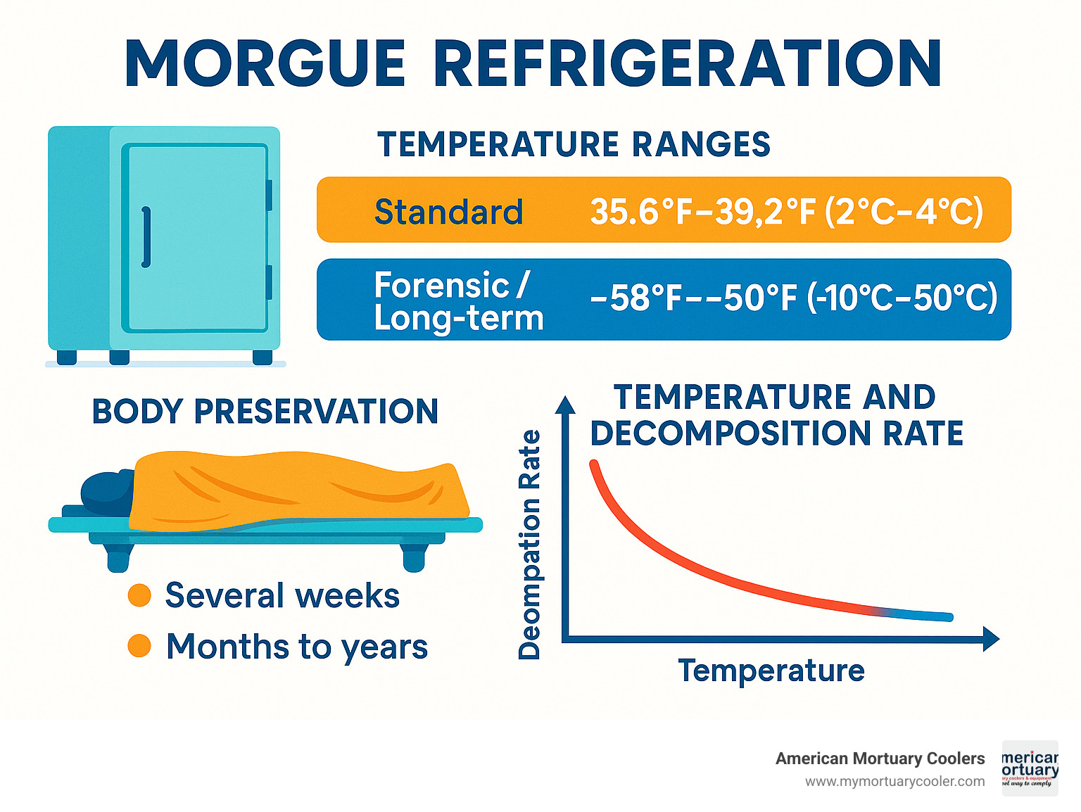 Detailed diagram showing morgue refrigeration temperature ranges, body preservation timeframes, and the relationship between temperature and decomposition rate - morgue-refrigeration-solution infographic 