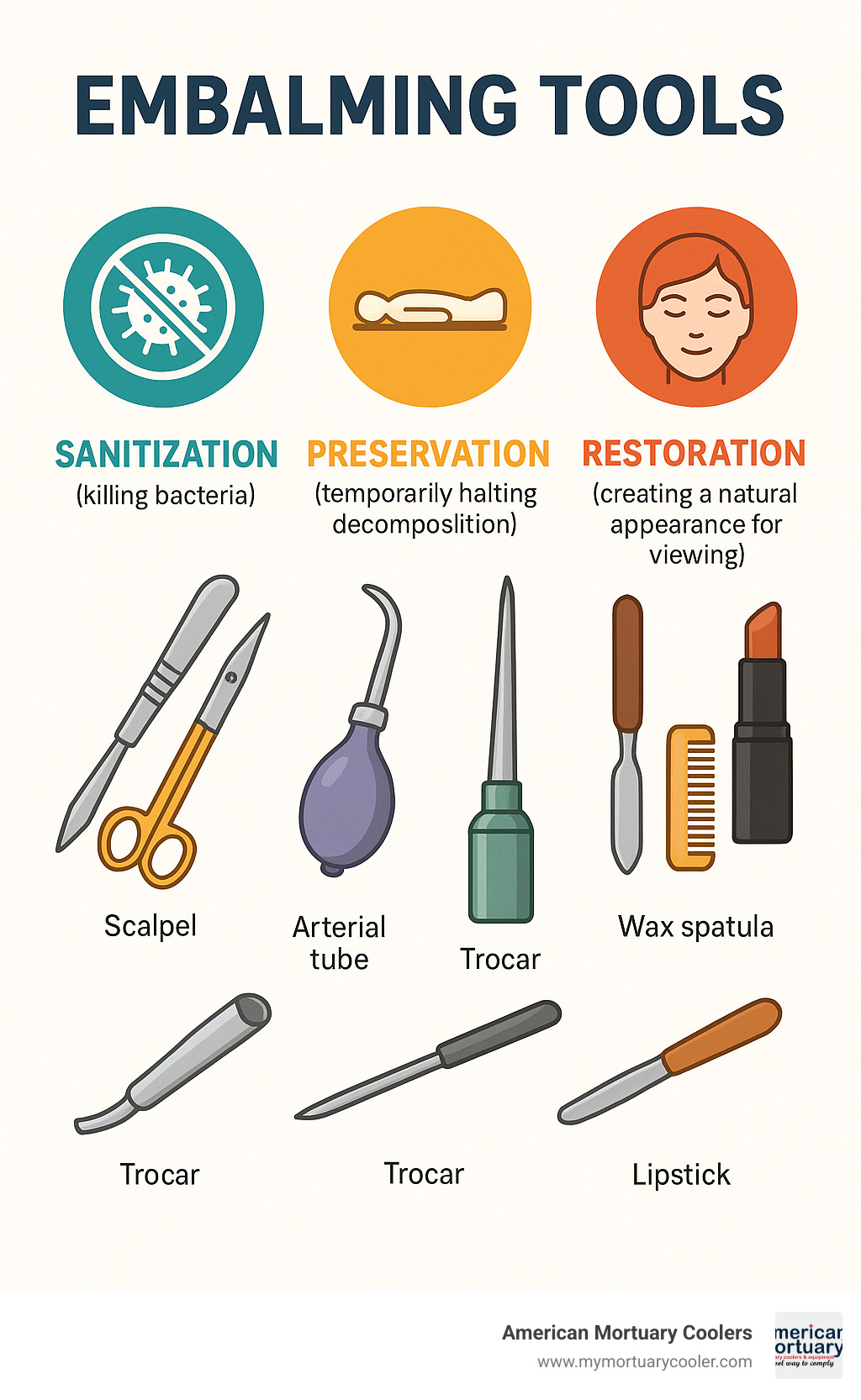 Detailed diagram showing the three main goals of embalming: sanitization (killing bacteria), preservation (temporarily halting decomposition), and restoration (creating a natural appearance for viewing), with associated tools for each purpose - embalming tools infographic 