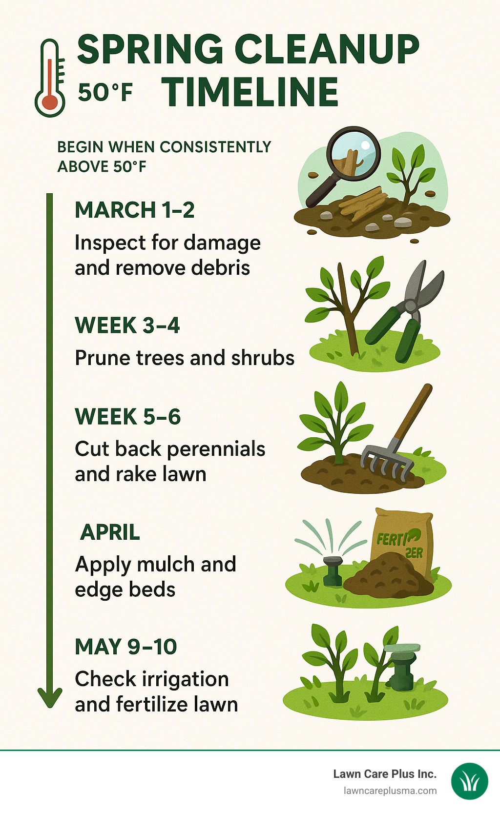 Spring Cleanup Timeline showing key tasks from March to May: Week 1-2: Inspect for damage and remove debris; Week 3-4: Prune trees and shrubs; Week 5-6: Cut back perennials and rake lawn; Week 7-8: Apply mulch and edge beds; Week 9-10: Check irrigation and fertilize lawn. Timeline includes temperature guidelines showing ideal cleanup begins when consistently above 50°F. - spring cleanup infographic 