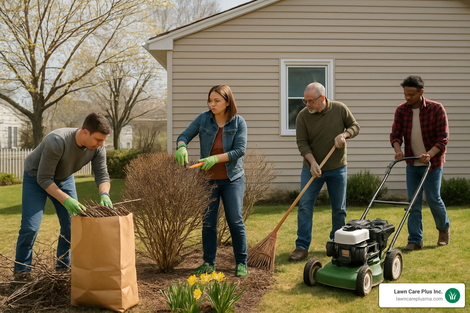 step-by-step spring cleanup process showing debris removal, pruning, and lawn care - spring cleanup