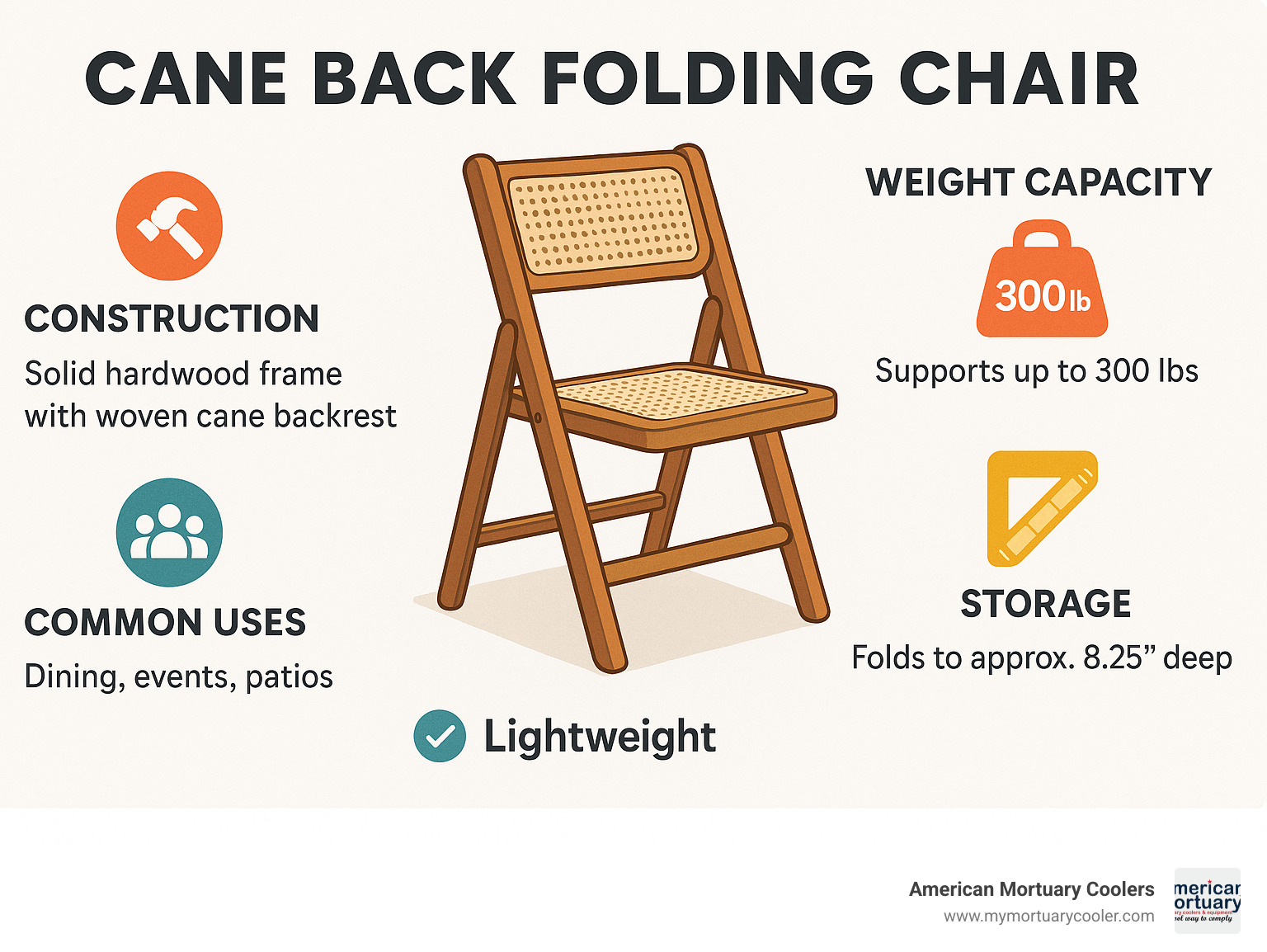 Diagram showing cane back folding chair construction, weight capacity, common uses, and storage benefits with detailed measurements and specifications - cane back folding chairs infographic 